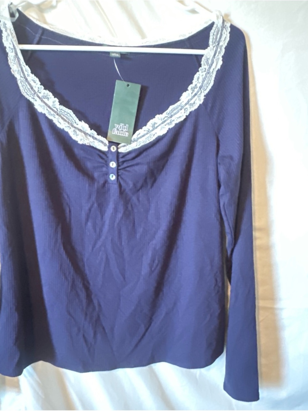 wild fable navy long sleeve top with white lace trim